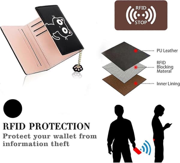 Søde punge til kvinder, læder RFID-blokerende lille trefløjet pung med ID-vindue til piger og damer damepung