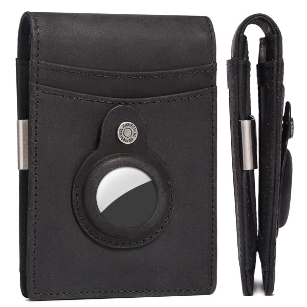 Anti-tapt ekte skinn Smart RFID Airtag lommebokholder Black