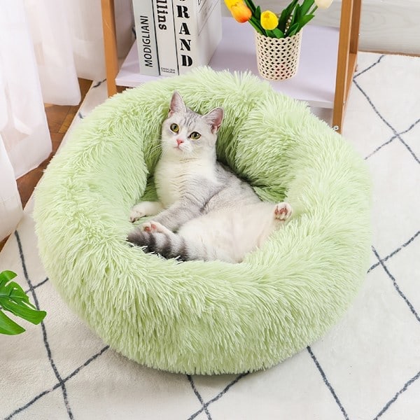 Beroligende Hunde- og Katteseng - 19,7 tommer Fluffy Plysj Valp Katt Cuddler Rund Seng, Anti-Angst Senger med Sklisikker Bunn og Vaskbar