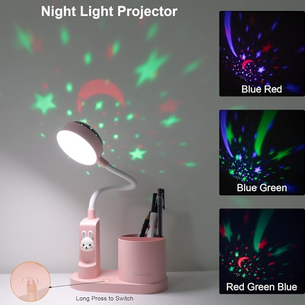 LED-skrivebordslampe, 2000mAh Genopladeligt Batteri til Læring, Børnebord, USB 3 Lysstyrker, med Stjerneprojektor og Penneholder Pink