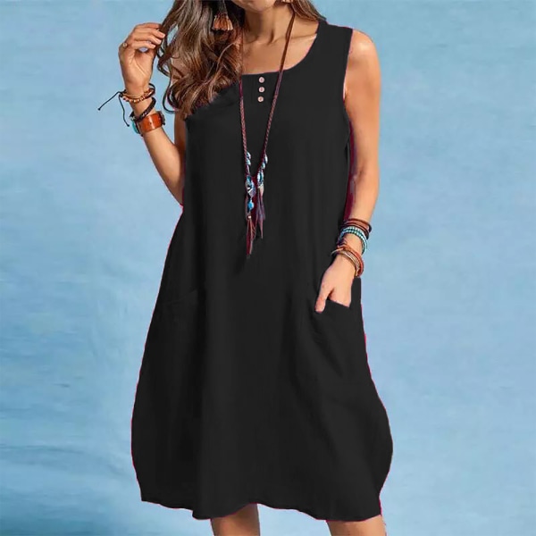 Ermløs klänning for kvinner rund hals solid klänning Casual klänning black L