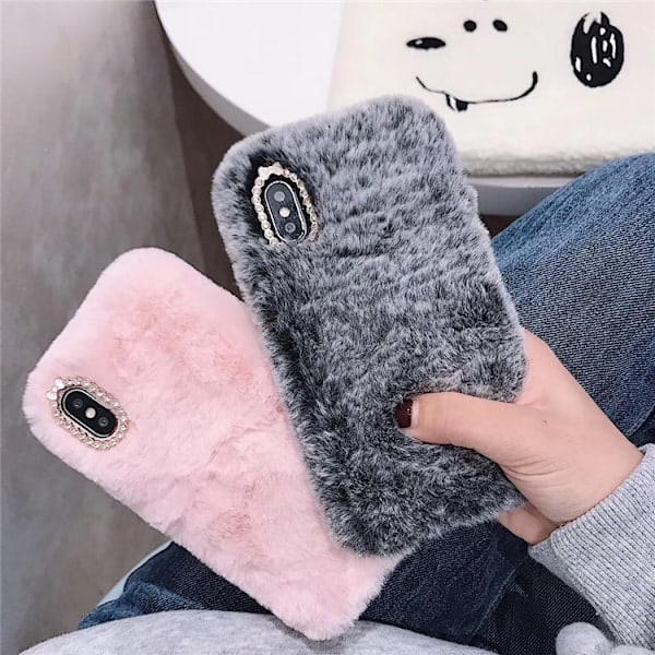 För iPhone X / XS Plysch Kanin Telefon Skyddsfodral (rosa)