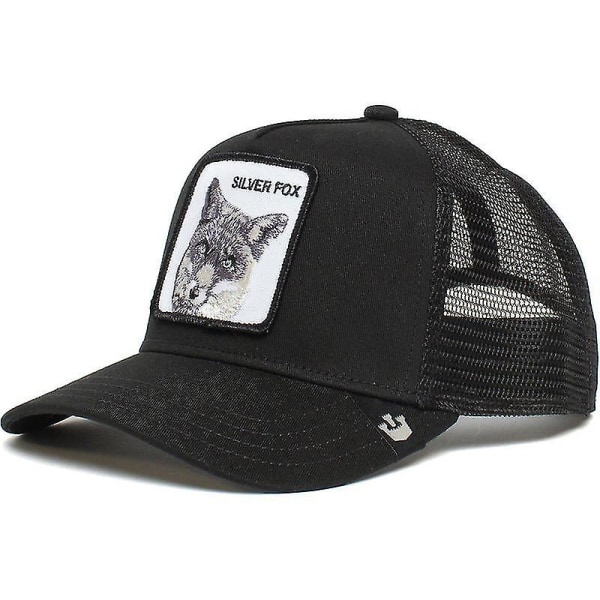 Utförsäljning Djur Baseball Cap Solskydd Mesh Broderad Trucker Hat Silver fox Black