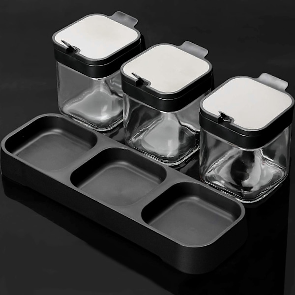 Set med 3 kryddbehållare i glas med lock, skedar, hållare, för köket
