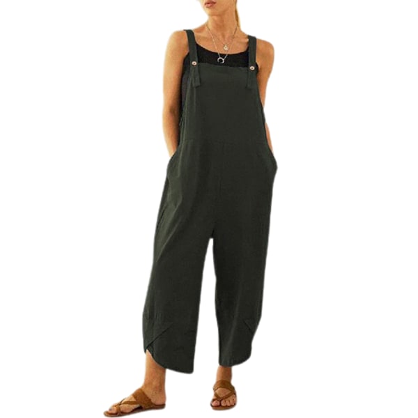 Kvinner ermeløse løse jumpsuits med lommer Knapp Uformell green XL