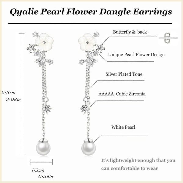 Dingle Perle Drop Øreringe Til Kvinder Trendy Lang Trådkæde Fin Blomst Bryllup Øreringe Til Brude CZ Søde 14K Guld Statement Glitrende Smykker