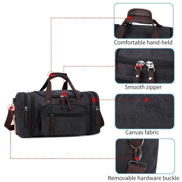Canvas Duffelväskor Nya Två Sidofickor med Fack för Unisex Weekend Daypack Stor Holdall Resväska (Svart)
