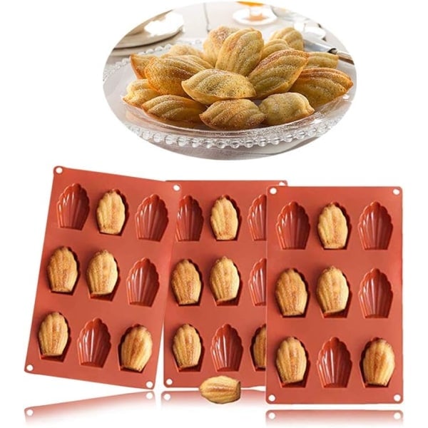3-pak 9-huls silikone Madeleine-forme til kage, gelé, budding - høj kvalitet