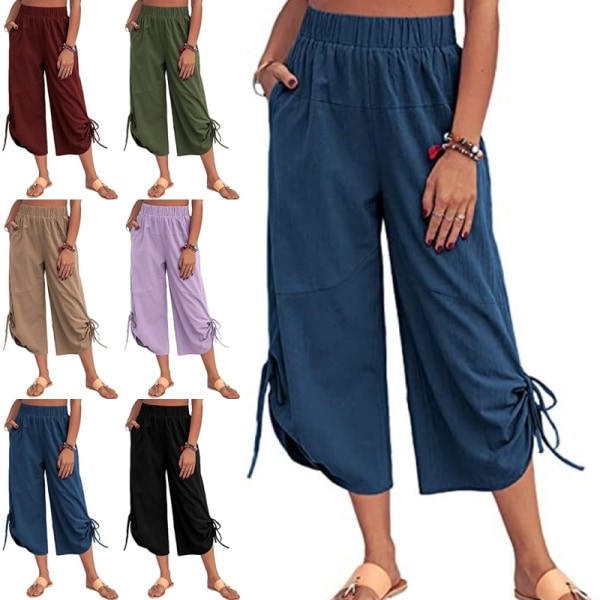 Dam Capri-byxor med elastisk midja med fickor, beskurna byxor Khaki XL