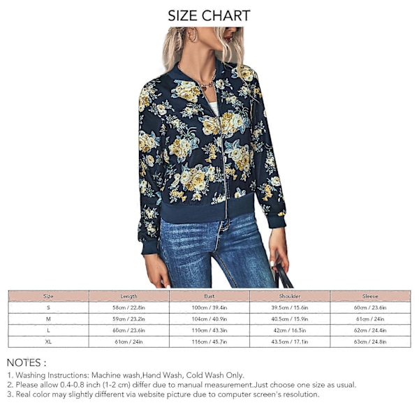Dame Langærmet Lynlåsjakke Blomsterprint Slim Fit Casual Jakke til Daglig Udendørs Shopping