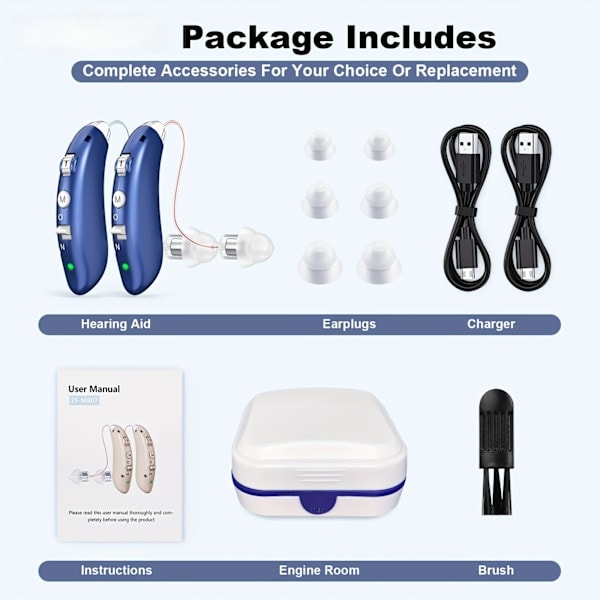 Rechargeable Hearing Aids for Seniors and Adults with Noise Cancelling 1 Pair Blue
