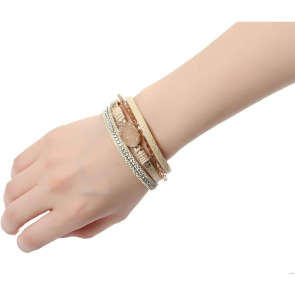Leopardi Rannekoru Naisille, Boho Nahkainen Kääre Monikerroksinen Helmi Kristallirannekoru Korut B17Gold Stone(Short) A7Feather