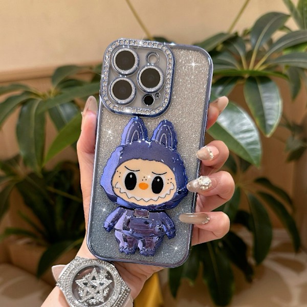 Nytt strassfodral Labubu spegelhållare lämpligt för Apple 16PROMAX mobiltelefonfodral iPhone15 skyddsskal 3 iPhone16pro