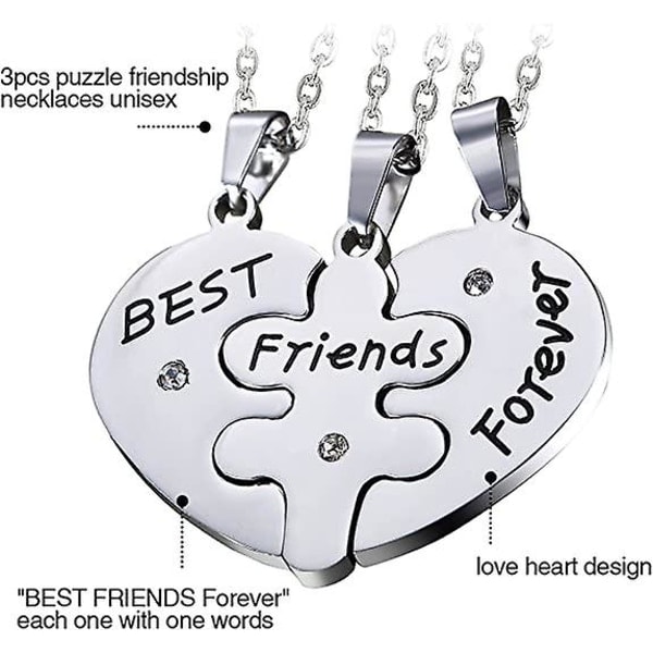 Sæt med 3 stk. rustfri halskæder med hjerteformede puslevedhæng med teksten  \"Best Friends Forever \", sølv, guld, sort