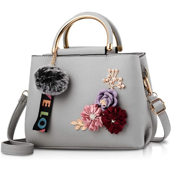 Dam Tote Axelväska i Läder med Blommor Vintage Tote Väska Designer Handväska med Pom Pom Ljusgrå
