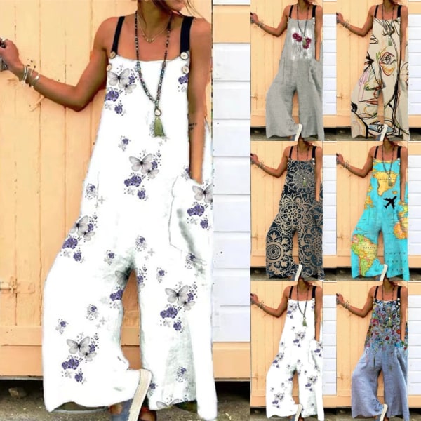 Kvinnor vida ben jumpsuits Bohemian långbyxor Grey M