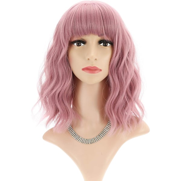 Kort Bølgete Rosa Bob Parykk med Skulderlang Pannelugg, Kort Parykk for Kvinner, Syntetisk Cosplay Parykk, Rosa