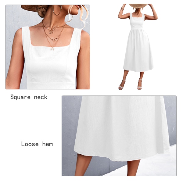 Nye vores og sommar Backless Square Neck Suspender Dress til kvinder Vit M