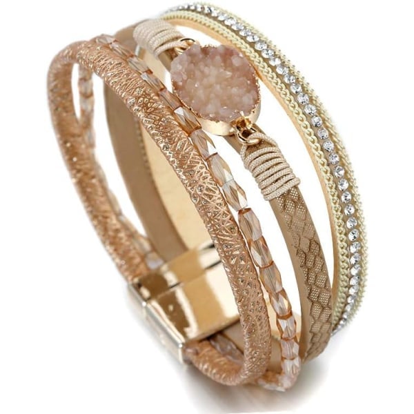 Leopardi Rannekoru Naisille, Boho Nahkainen Kääre Monikerroksinen Helmi Kristallirannekoru Korut B17Gold Stone(Short) A7Feather