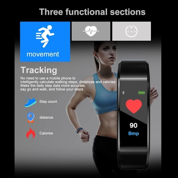 Fitness Trackere med hjertefrekvens, søvnmonitor, oksygennivå i blodet, skritteller og SMS-samtalevarsling Helse treningsklokke