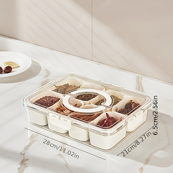 Serveringsbrett med 8 rom, håndtak, romslig lokk, avtakbar snackboks og fruktbeholder for matoppbevaring og snacksorganisering 8cell
