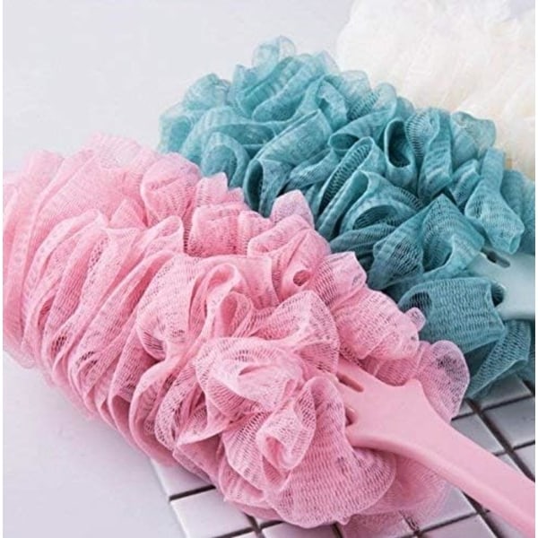 Långskaftad badborste ryggskrubbare dusch kroppsborste svamp hängande mjukt nät (rosa)