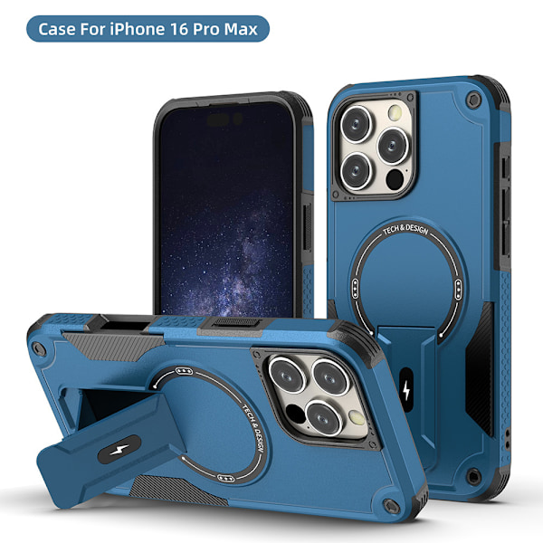 Fyrhörns anti-fall magnetiskt osynligt stativ mobilskal lämpligt för iPhone1516promax blue iPhone16
