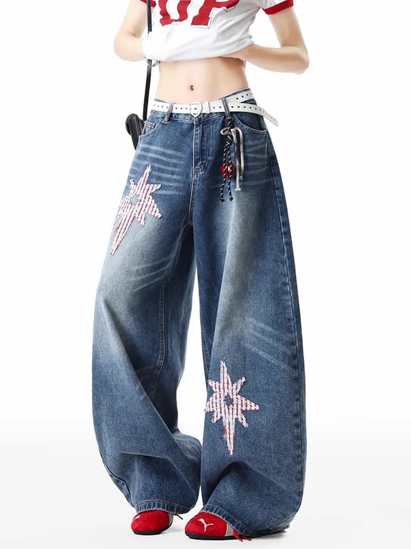 Amerikansk-stil 3D stjernemønstrede denimjeans til kvinder, efterårsdesign, løstsiddende lige ben... L