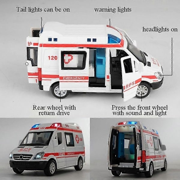 1:32 Simulaatiomalli Metallinen Ambulanssi, Vedä Taakse, Ääni ja Valo, Valettu Leluauto, Poliisin Erikoisauto, Lasten Lelulahja