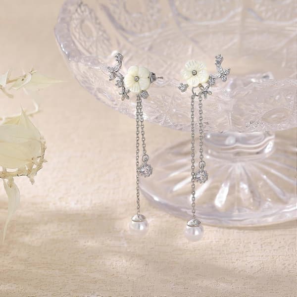 Dingle Perle Drop Øreringe Til Kvinder Trendy Lang Trådkæde Fin Blomst Bryllup Øreringe Til Brude CZ Søde 14K Guld Statement Glitrende Smykker