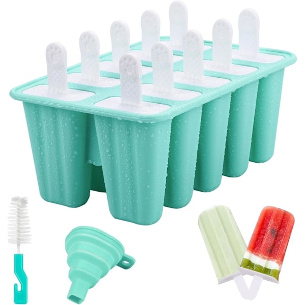 Jäätelömuotit, 10 koloa BPA-vapaa silikonimuotti jäätelötikuille, DIY-jäätelömuotti 1 kokoontaitettavan suppilon ja 1 puhdistusharjan kanssa - Vihreä green ...