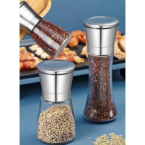 Salt- och pepparkvarn set om 2, kryddkvarn i rostfritt stål med justerbar keramisk kvarn, chilkvarn, påfyllningsbar saltkvarn