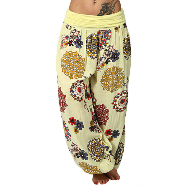 Yogabyxor for kvinner Baggy Harem Boho Wide Leg Sports Aladdin Pants Yellow,3XL