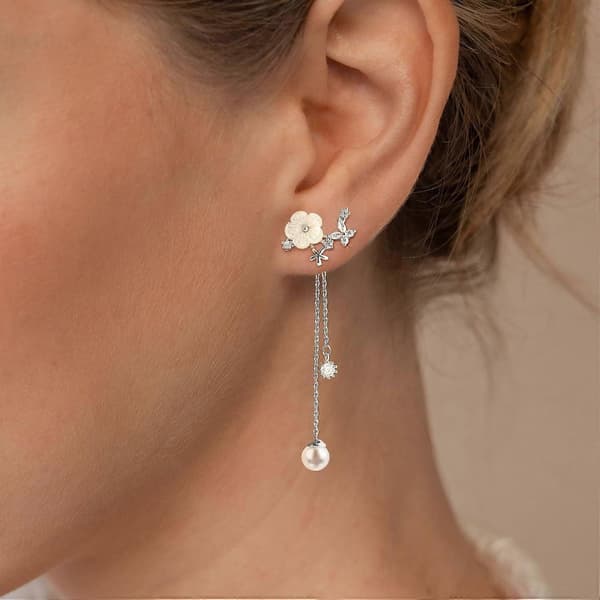 Dingle Perle Drop Øreringe Til Kvinder Trendy Lang Trådkæde Fin Blomst Bryllup Øreringe Til Brude CZ Søde 14K Guld Statement Glitrende Smykker