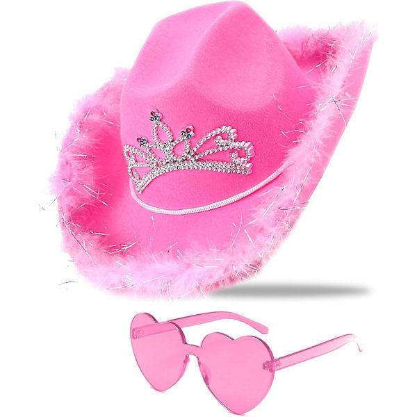Vaaleanpunainen Cowgirl-hattu paljeteilla ja tiara-kruunulla naisille - Rodeo-juhlahatut