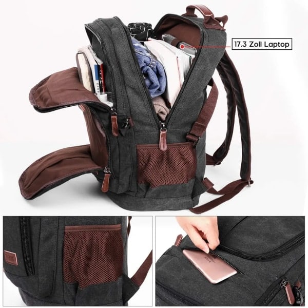 Canvas-reppu miehille, 17,3 \" kannettava tietokone - 35L opiskelijareppu musta