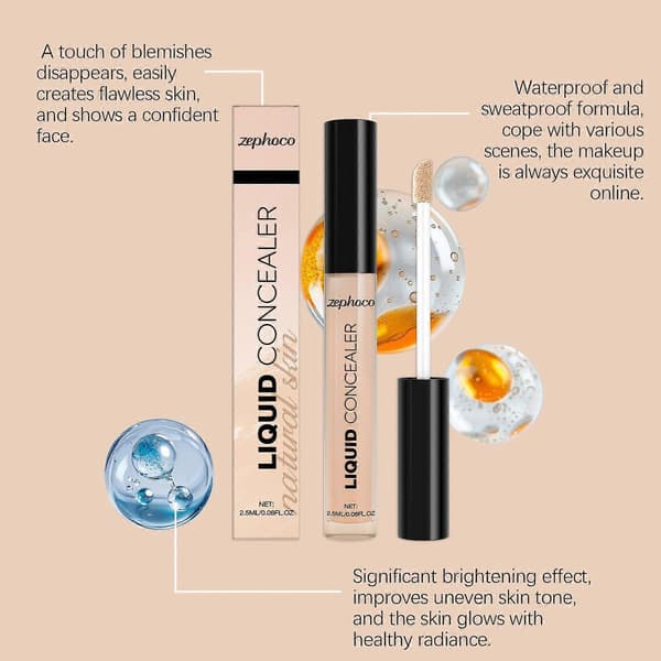 Flytande Concealer Full Täckning Smink Ansiktsfuktighetskräm Foundation Döljer Mörka Ringar Under Ögonen, Vattentät Concealer, Full Täckning & Ger En Sat E