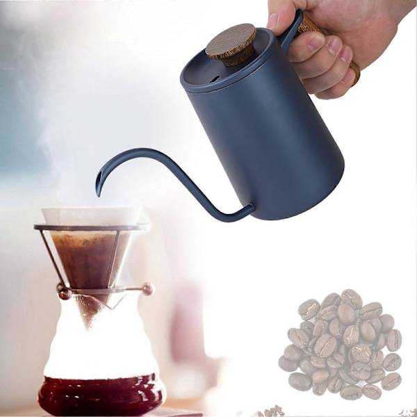 600ml Mode Rostfritt Stål Handtag Dropp Kaffekanna Lång Svanhals Pip Vattenkokare Blå