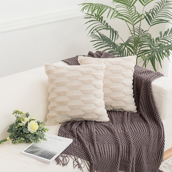 Geometrisk Trapets Plysch Soffkudde Överdrag Enfärgat Prydnadskudde Överdrag för Hemmet (2st, Ren Vit, 45*45cm)