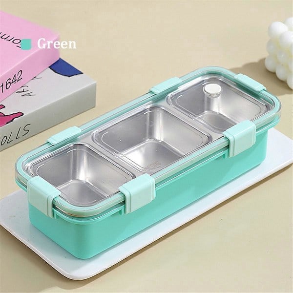 Lunchlåda med 3 Fack, Bento-låda i Rostfritt Stål, Portabel Matförvaringsbehållare för Barn, Läcksäker Snackslåda B Mintgrön