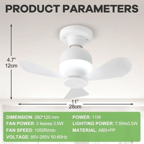 ConBlom Mini LED Loftventilator med Lys, E27 Fatning, Kraftig Luftstrøm, Stille Drift, Moderne Bærbare Loftventilatorer til.
