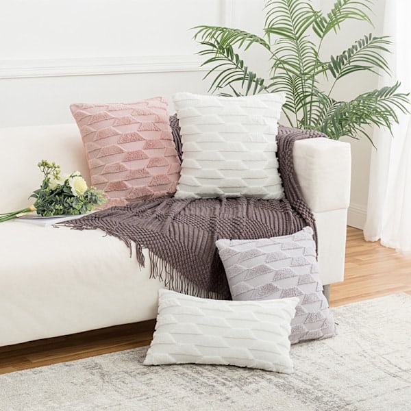 Geometrisk Trapets Plysch Soffkudde Överdrag Enfärgat Prydnadskudde Överdrag för Hemmet (2st, Ren Vit, 45*45cm)
