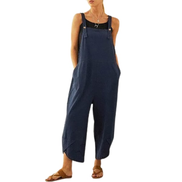 Kvinnors ärmlösa lösa jumpsuits med fickor Knapp Casual dark blue XL