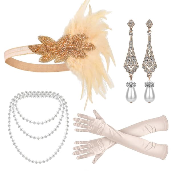 Flapper Tilbehør, 1920'er Gatsby Tilbehør til Kvinder Inkluderer Flapper Pandebånd Halskæde Handsker Sort