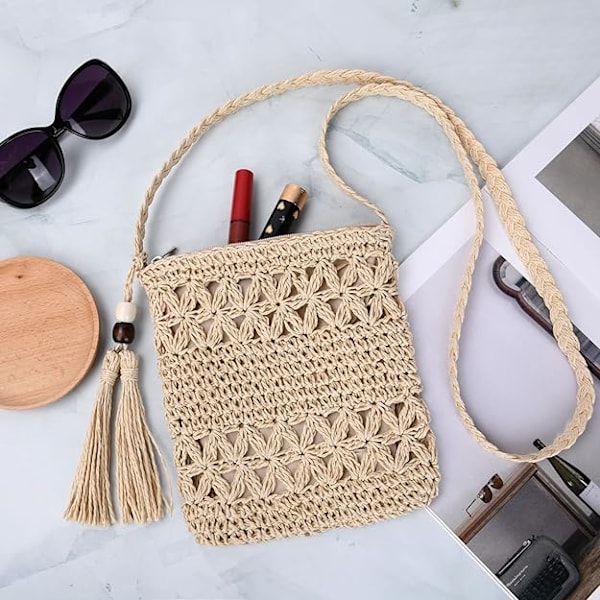Stråväska för damer, sommarstrand tofs stråväska, vävd handgjord dragkedja enkel crossbody-väska, axelväska i bohemisk stil för sommarstrandresor