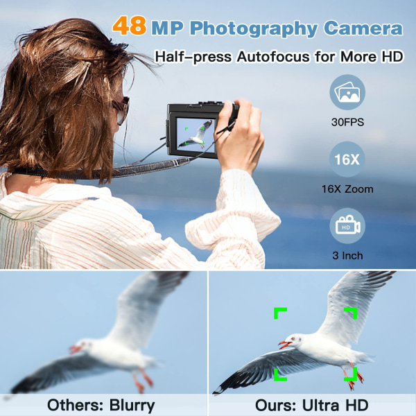 4K digitalkamera 180° flip-skjerm med blits 16X digital zoom reisekamera Black