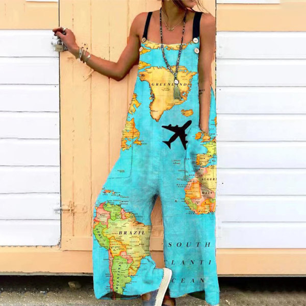 Kvinnor vida ben jumpsuits Bohemian långbyxor Sky Blue M