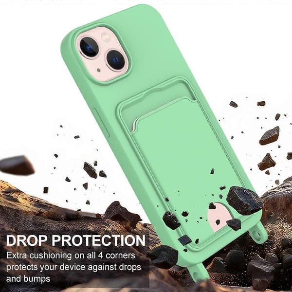 Flydende silikone etui til iPhone 14 Plus / iPhone 15 Plus med kortholder og kort rem, grøn