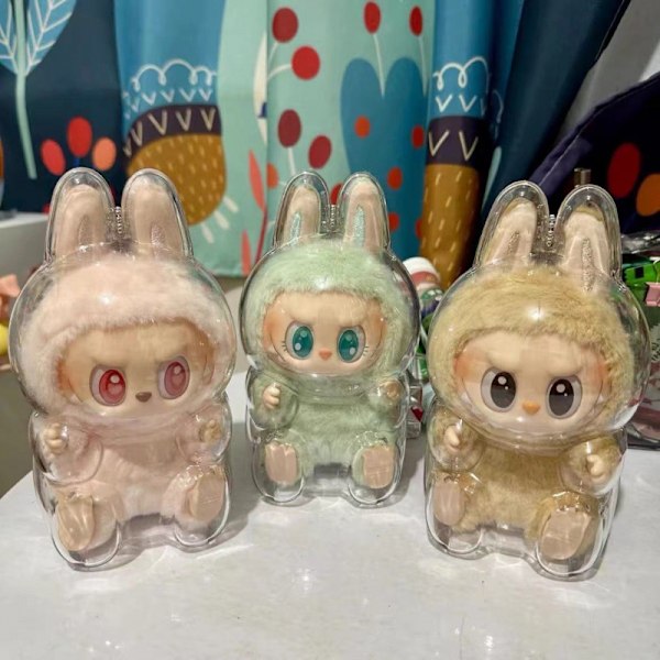 Korkealaatuinen POP MART LABUBU 2.0 Monster pehmonukke Istu ja Istu Piirakka Läpinäkyvä Suojakotelo Pölykotelo