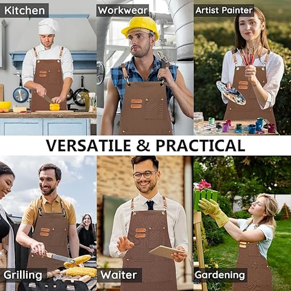 Canvasforkle, Kokkeforkle med justerbare stropper og 3 lommer, Servitør Kjøkken Matlaging Baking Kunstner Maleforkle, Kryssrygg